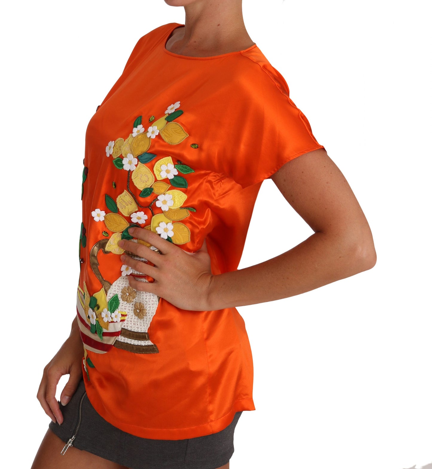 Seide Orange Zitrone Kristall-T-Shirt Top