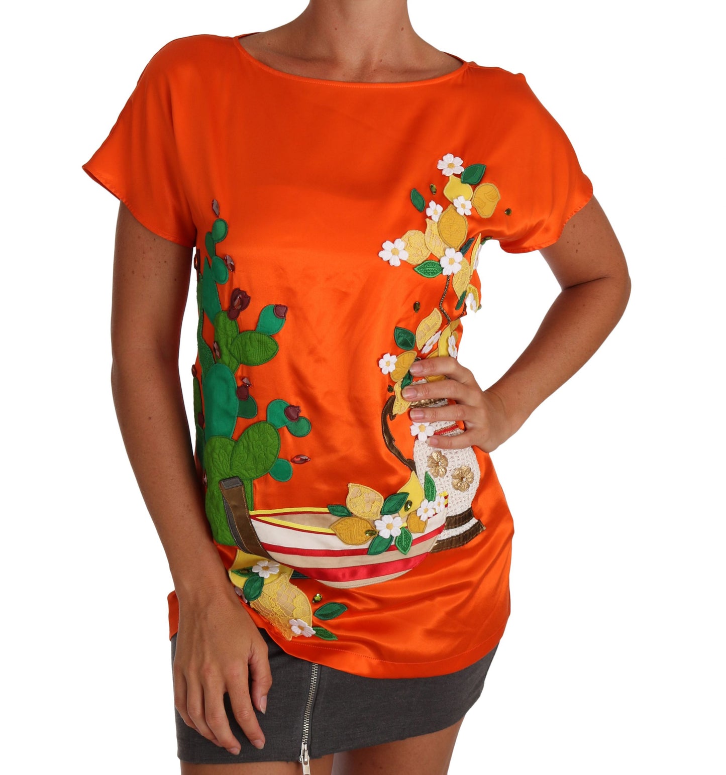 Seide Orange Zitrone Kristall-T-Shirt Top