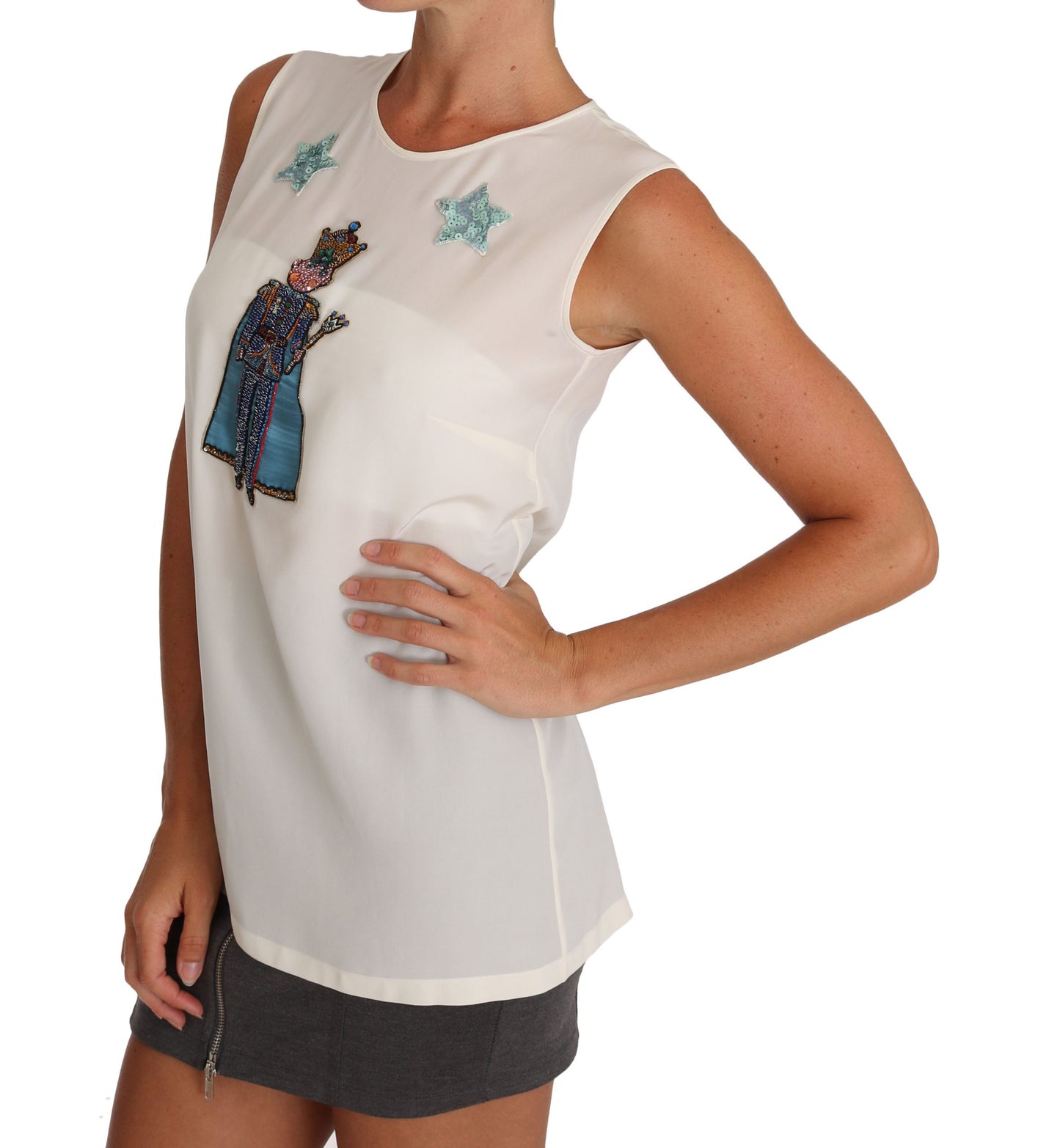 Weißes Seiden-Kristall-Pailletten-Fee-T-Shirt