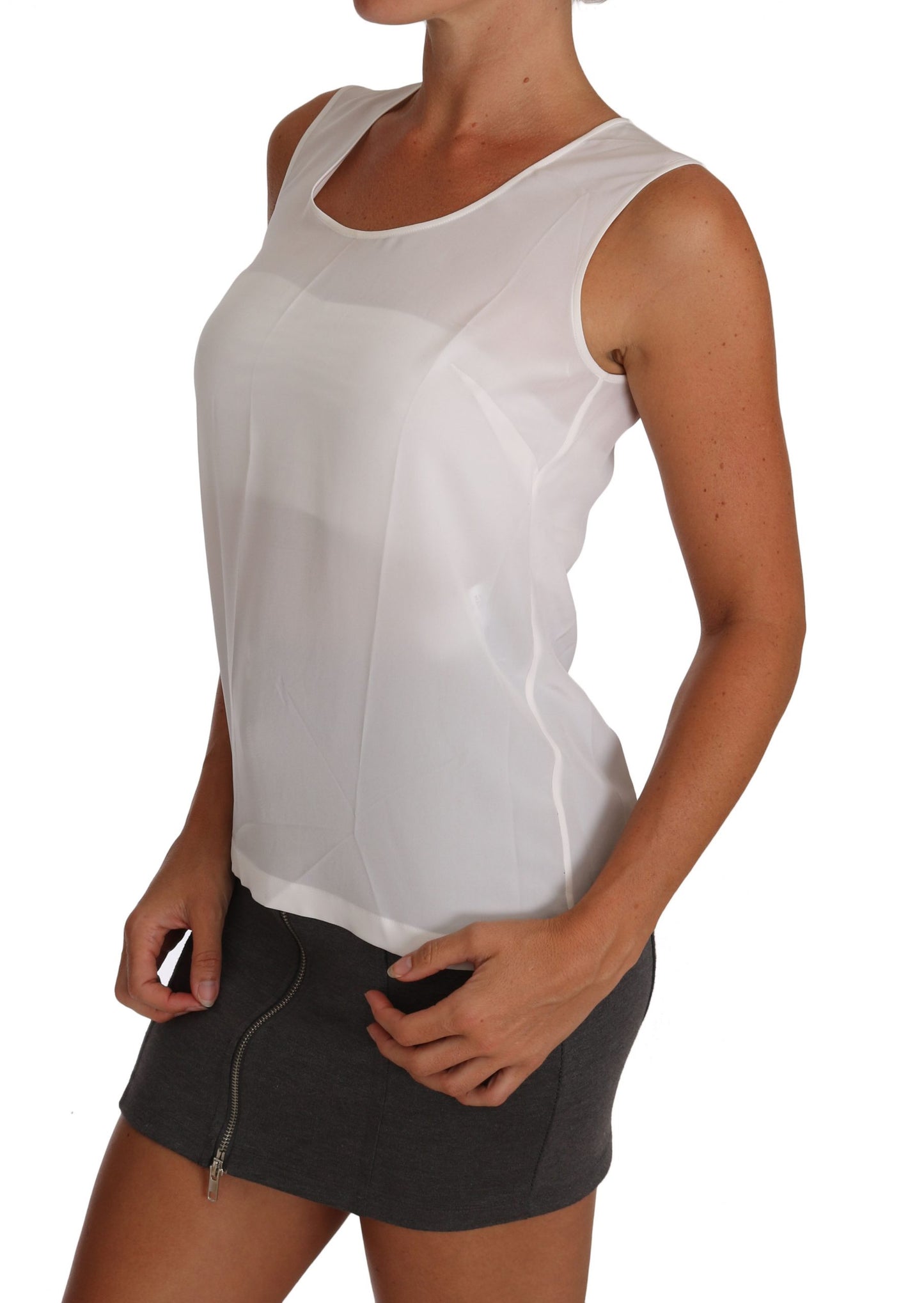 Weiße Seidenbluse in A-Linie, ärmellos, T-Shirt Top