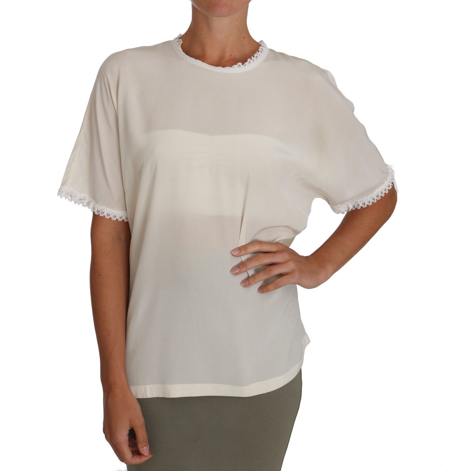 Weißes cremefarbenes Seiden-Spitzen-Top Bluse T-Shirt