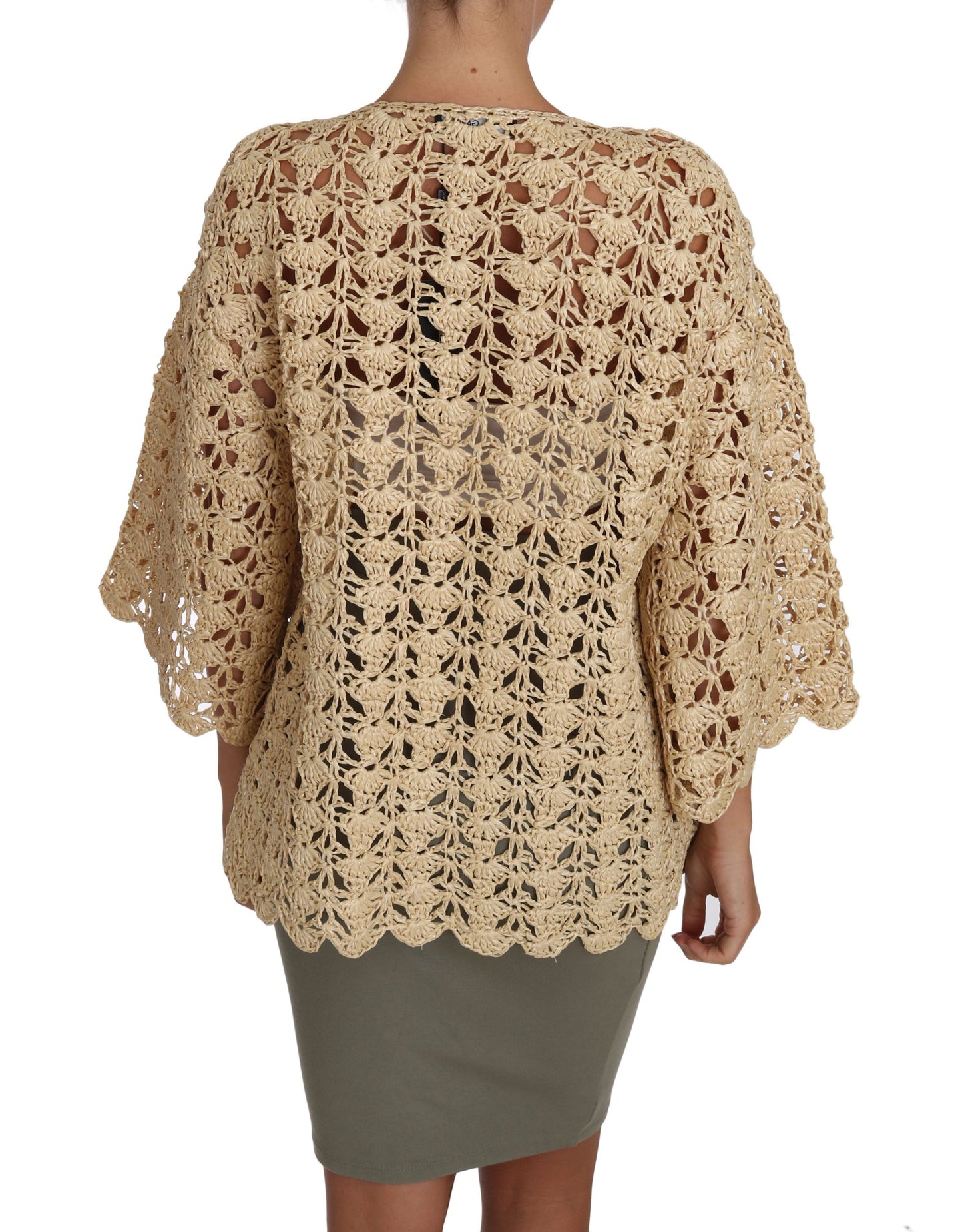 Beige Strickjacke gehäkelt gestrickt Raffia Pullover