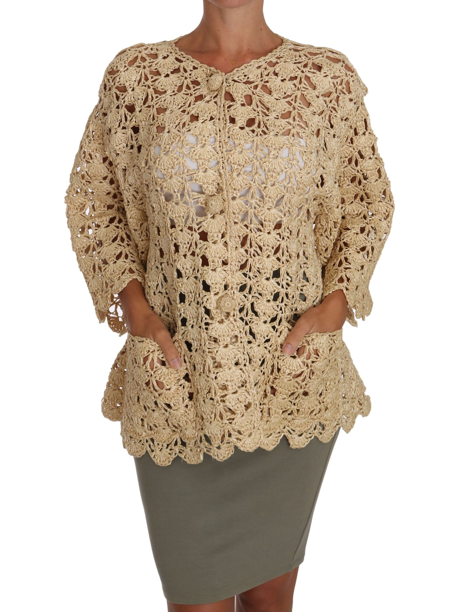 Beige Strickjacke gehäkelt gestrickt Raffia Pullover