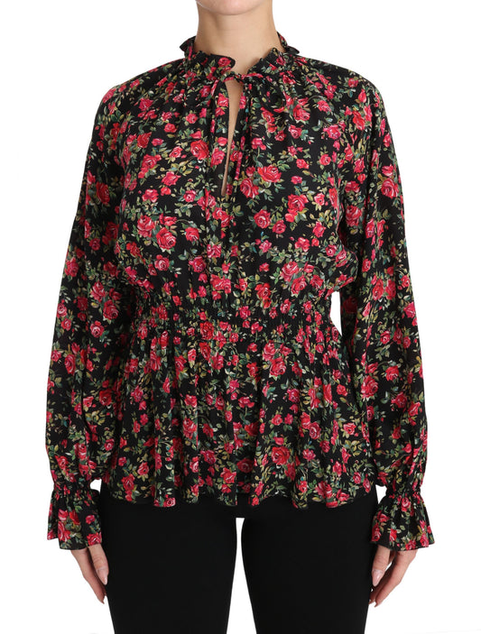 Schwarzes Rose Print Floral Shirt Top Bluse