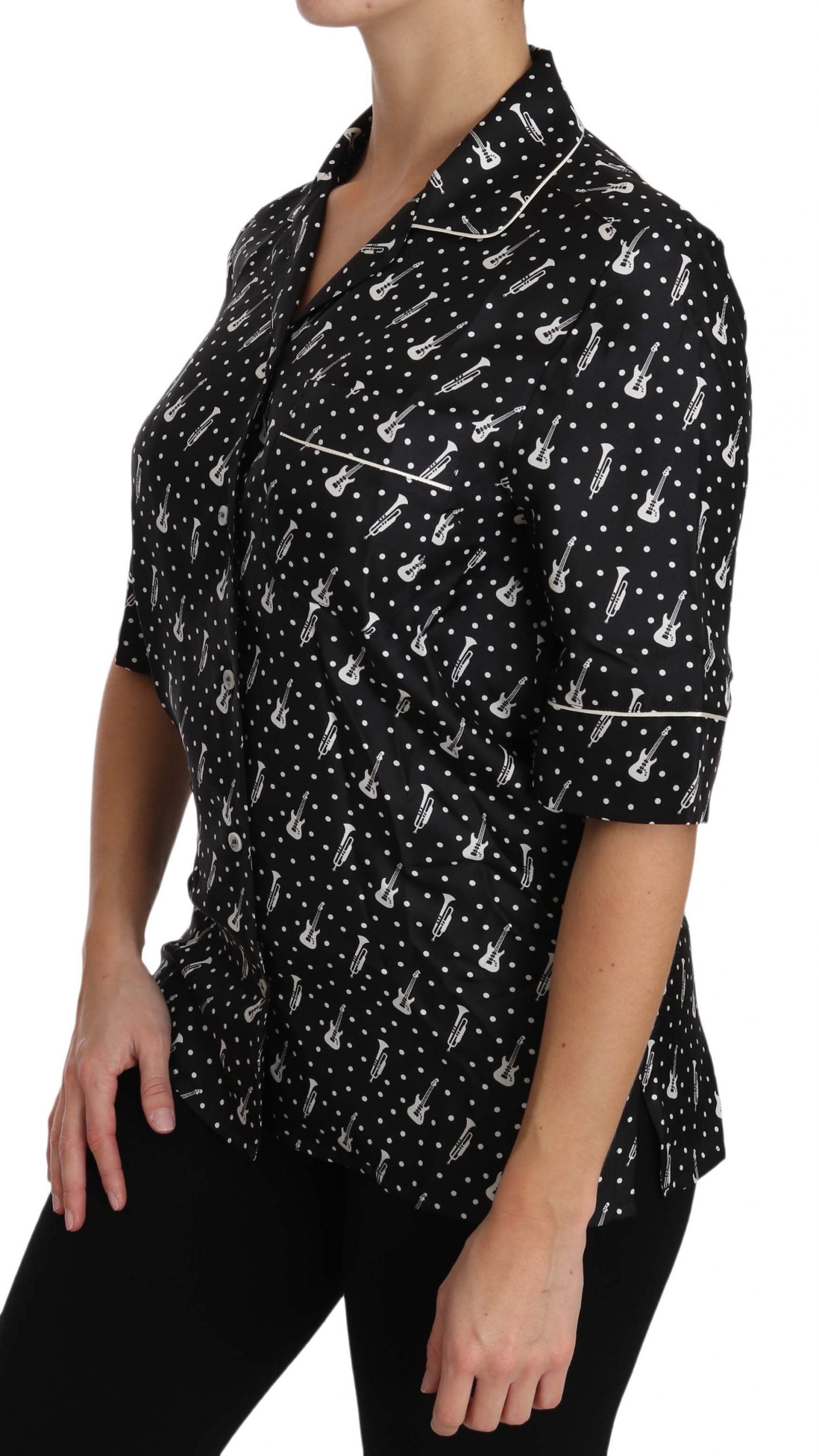 Schwarzes Seidenhemd mit Gitarren- und Trompetendruck