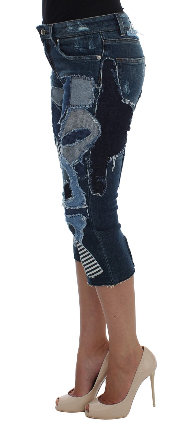 Blaue Patchwork Jeans-Shorts aus Stretch