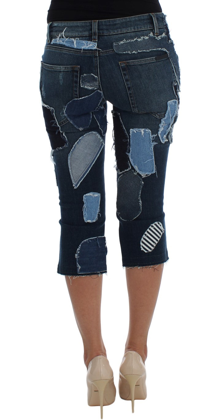 Blaue Patchwork Jeans-Shorts aus Stretch