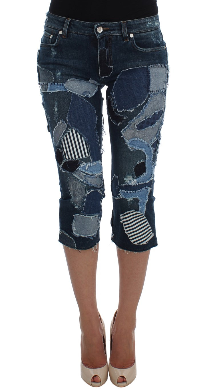 Blaue Patchwork Jeans-Shorts aus Stretch