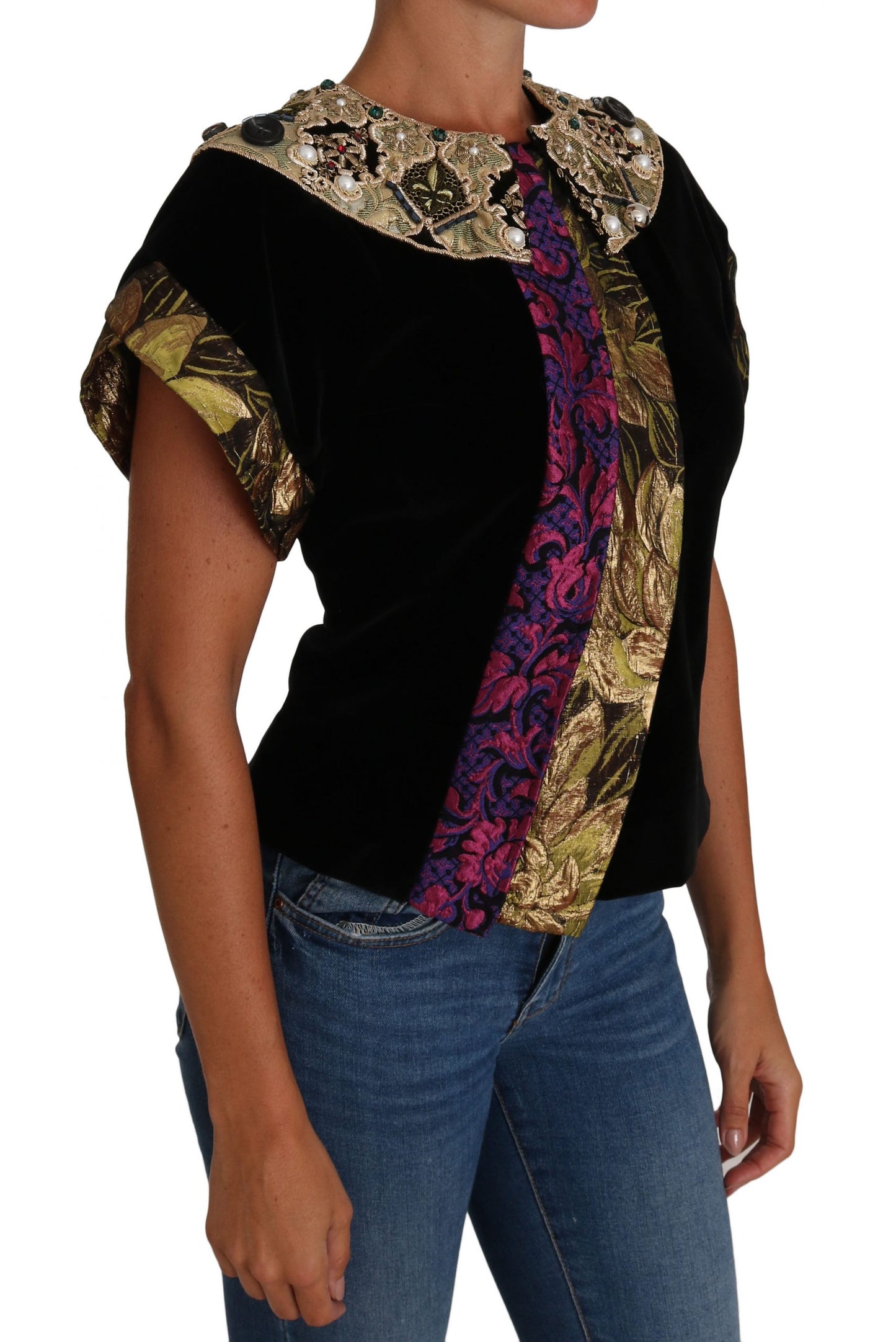 Schwarzgoldene Jacke aus Jaquard-Samt mit Verzierungen