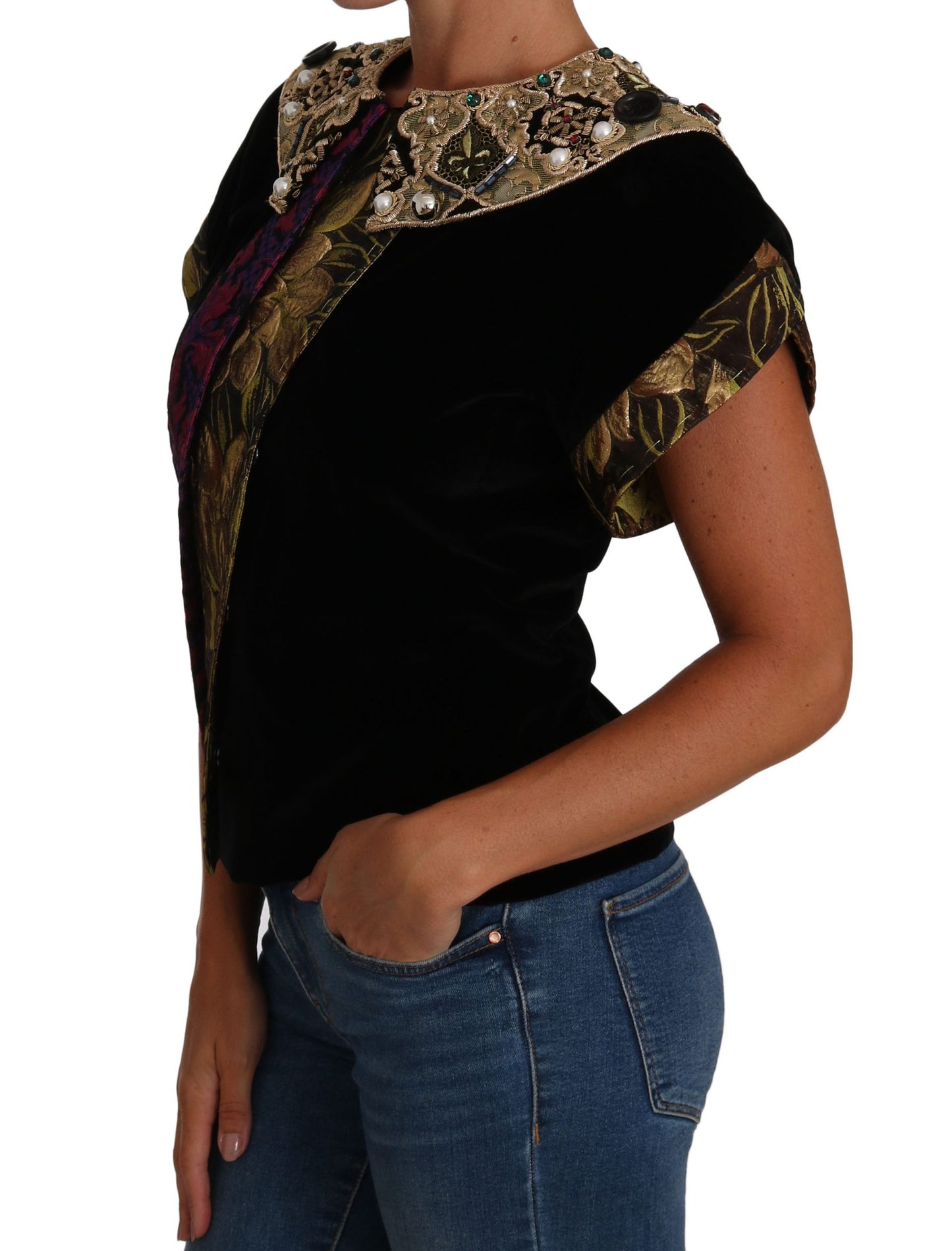 Schwarzgoldene Jacke aus Jaquard-Samt mit Verzierungen