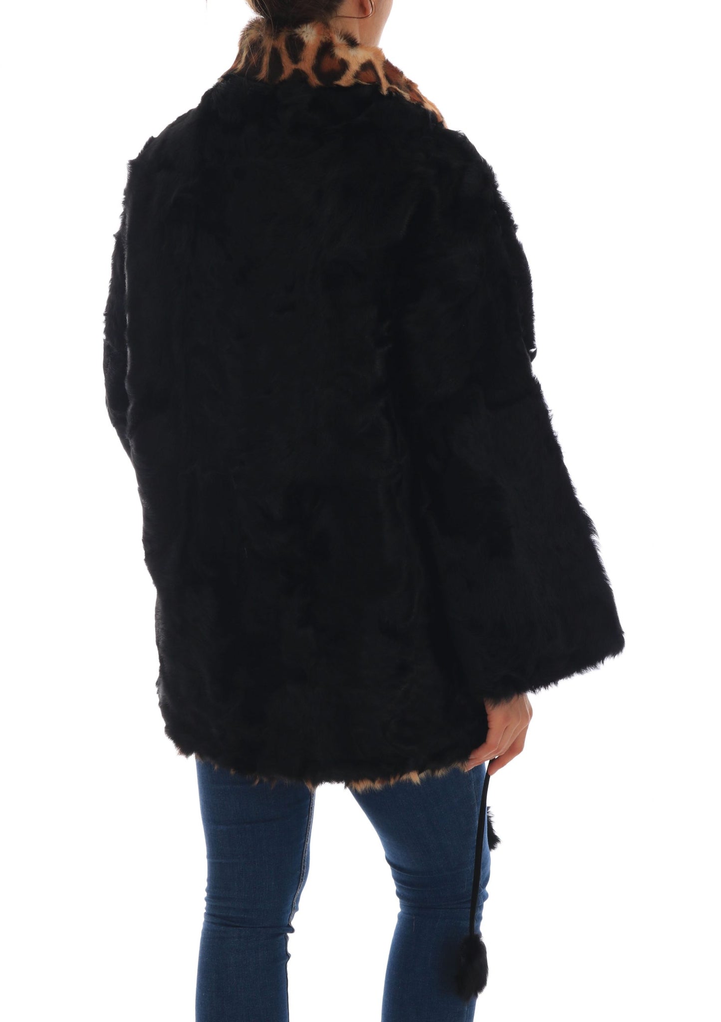 Schwarzer Lamm Leopard Print Pelzmantel Jacke