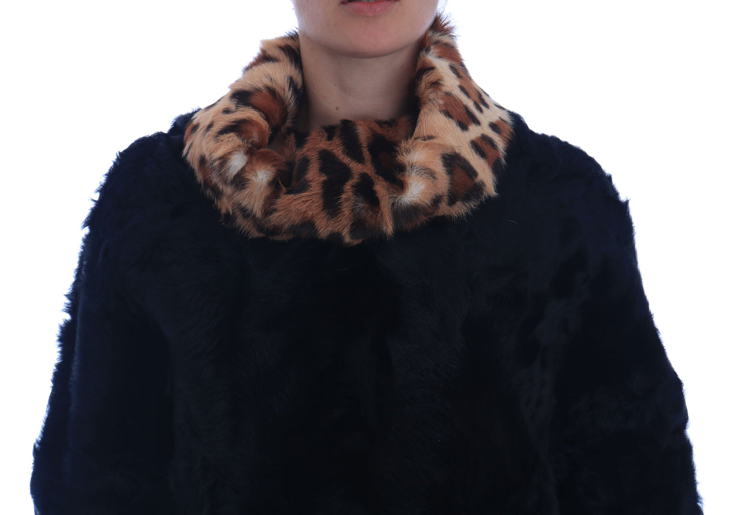 Schwarzer Lamm Leopard Print Pelzmantel Jacke
