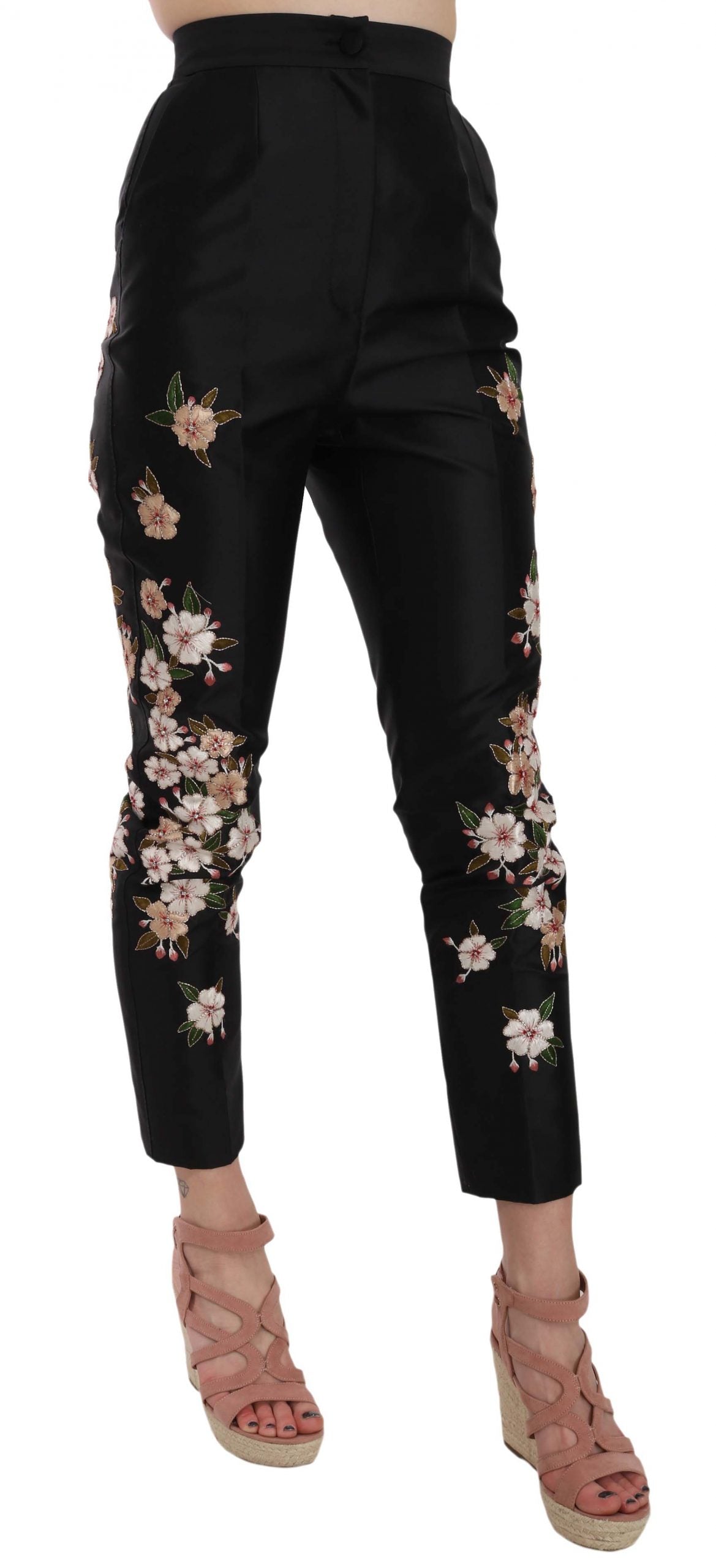Schwarze Seidenhose mit Blumenstickerei Schlanke Hose
