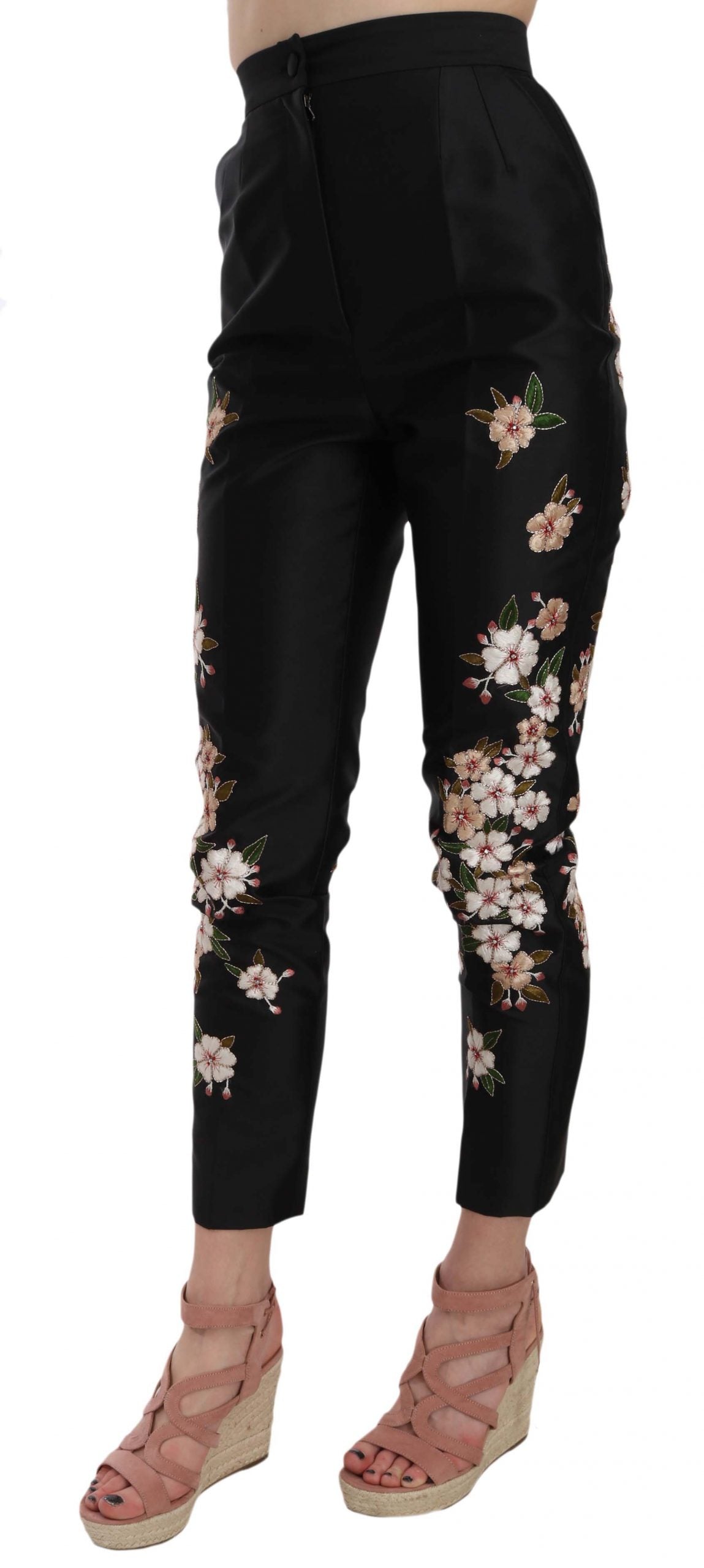 Schwarze Seidenhose mit Blumenstickerei Schlanke Hose