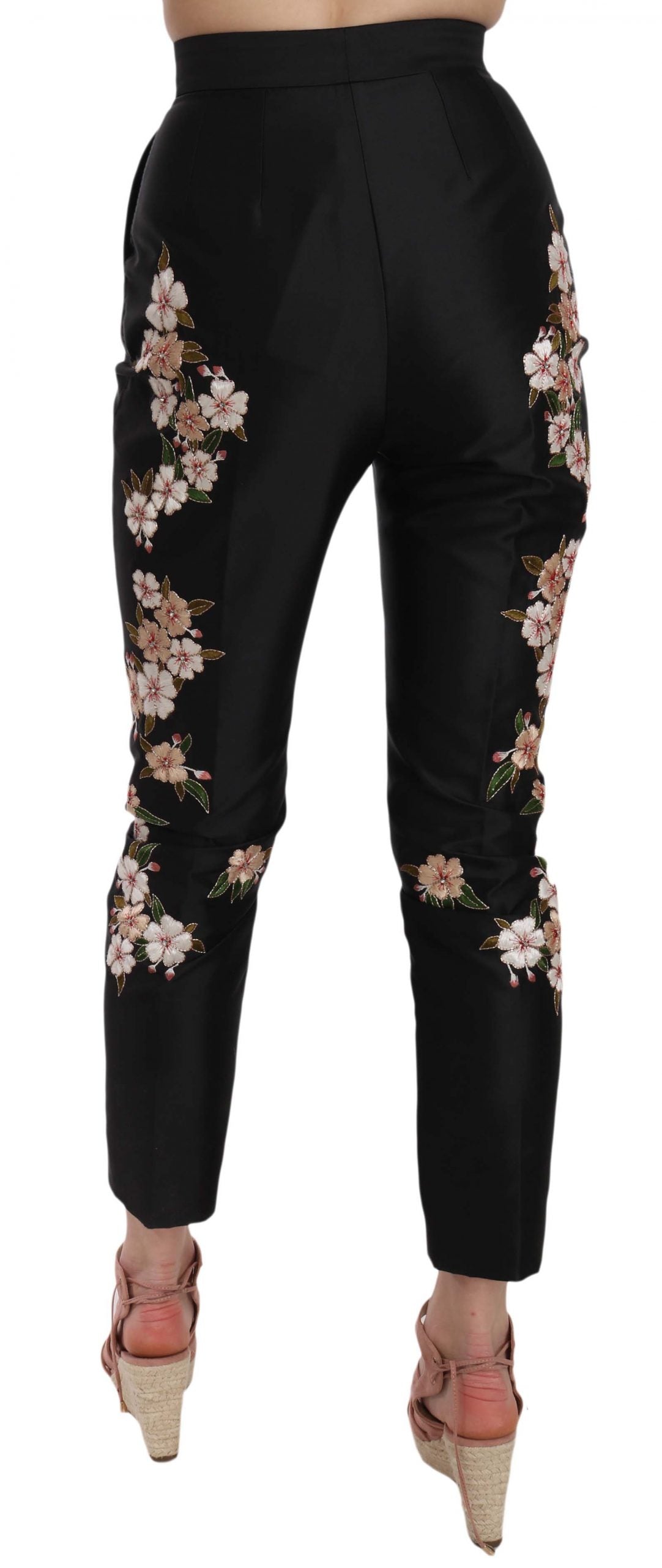 Schwarze Seidenhose mit Blumenstickerei Schlanke Hose