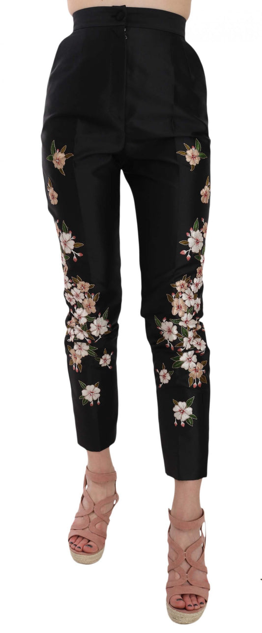 Schwarze Seidenhose mit Blumenstickerei Schlanke Hose
