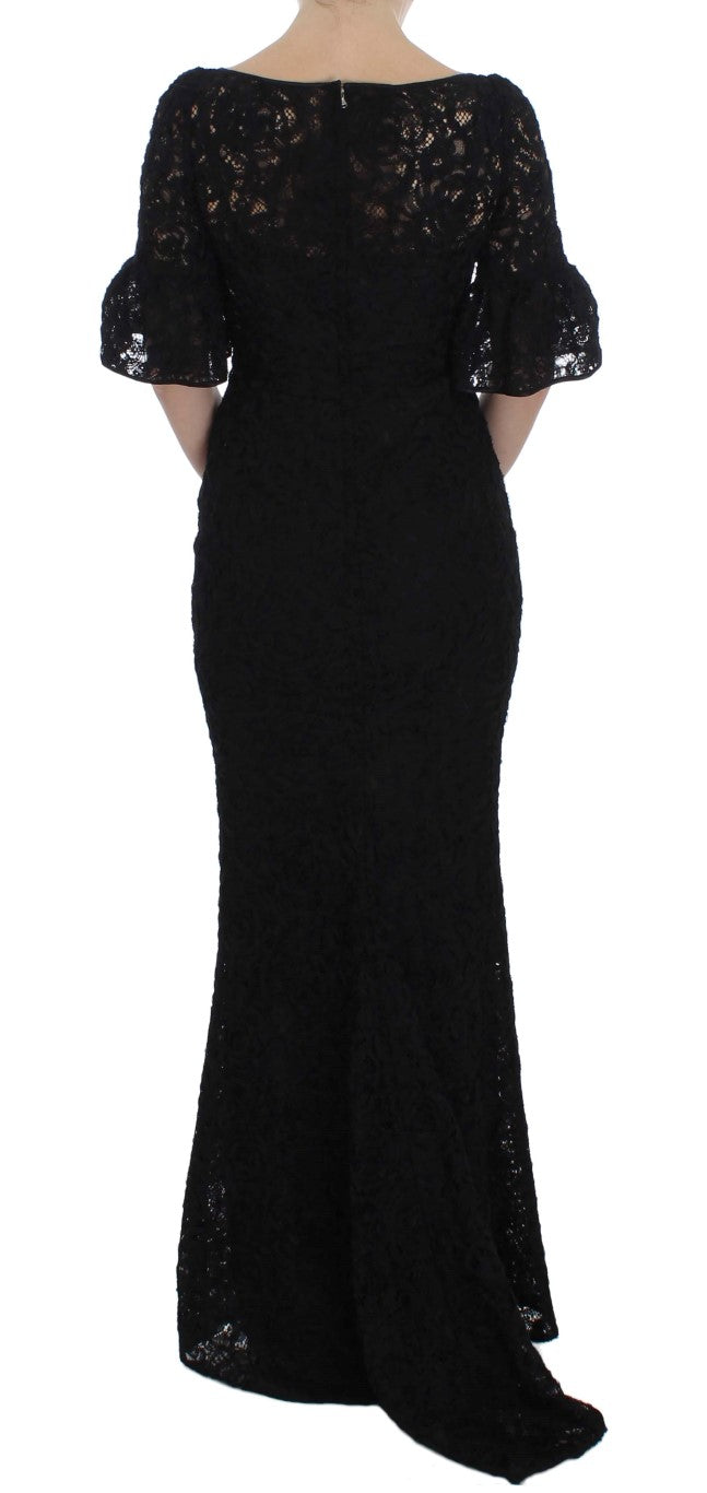 Schwarzes geblümtes langes Bodycon-Maxi-Kleid aus Spitze