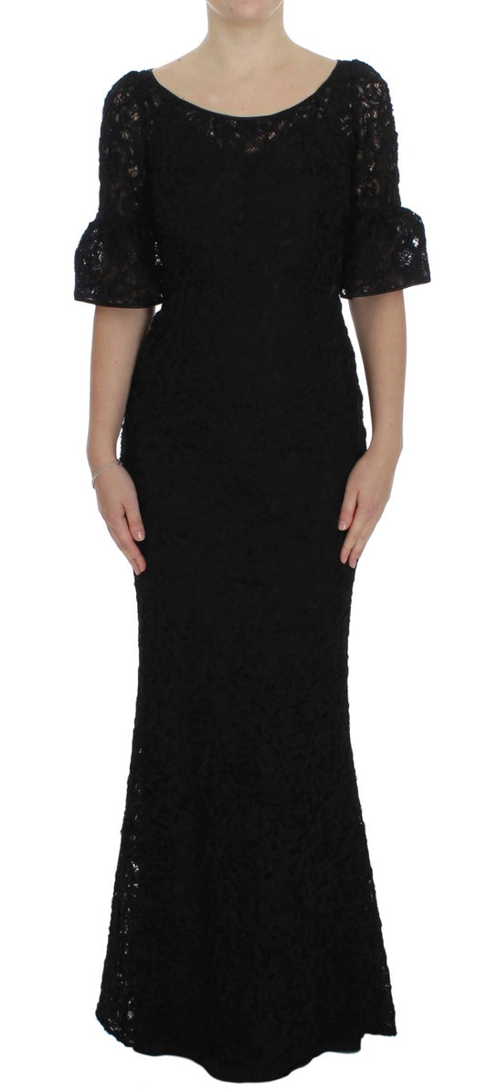 Schwarzes geblümtes langes Bodycon-Maxi-Kleid aus Spitze