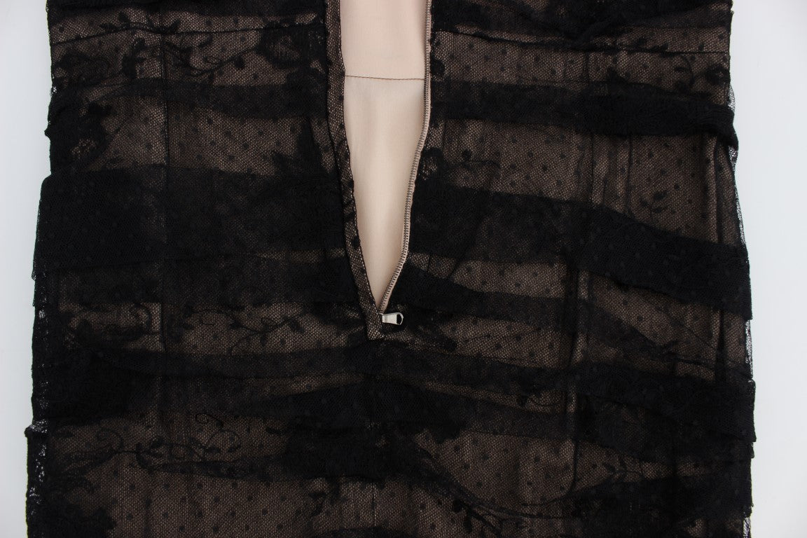 Schwarzes geblümtes langes Bodycon-Maxi-Kleid aus Spitze