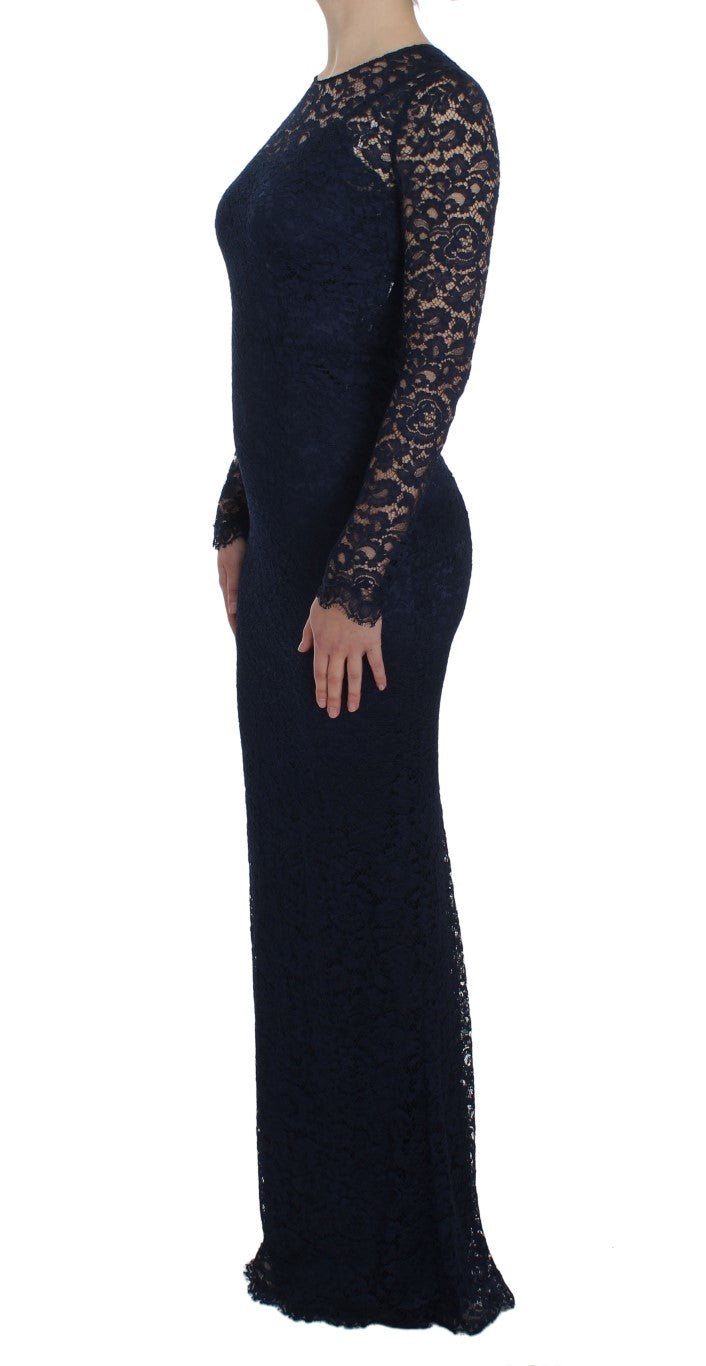 Blaues langärmeliges Etuikleid mit floraler Spitze