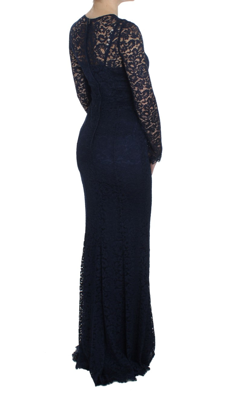 Blaues langärmeliges Etuikleid mit floraler Spitze