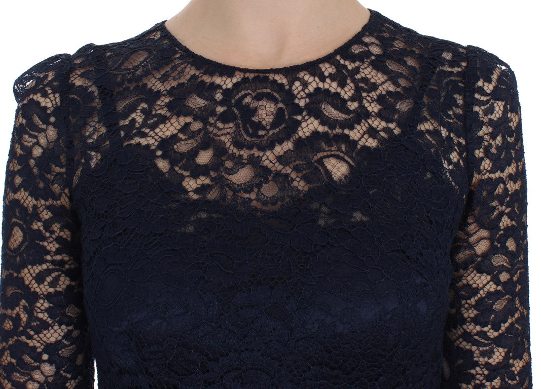 Blaues langärmeliges Etuikleid mit floraler Spitze