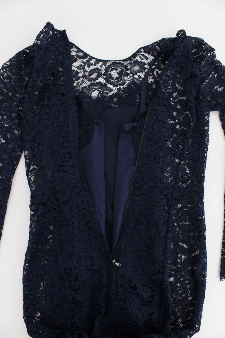 Blaues langärmeliges Etuikleid mit floraler Spitze