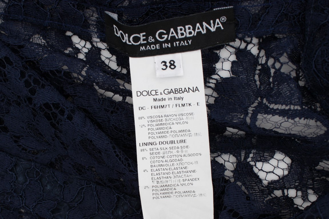 Blaues langärmeliges Etuikleid mit floraler Spitze