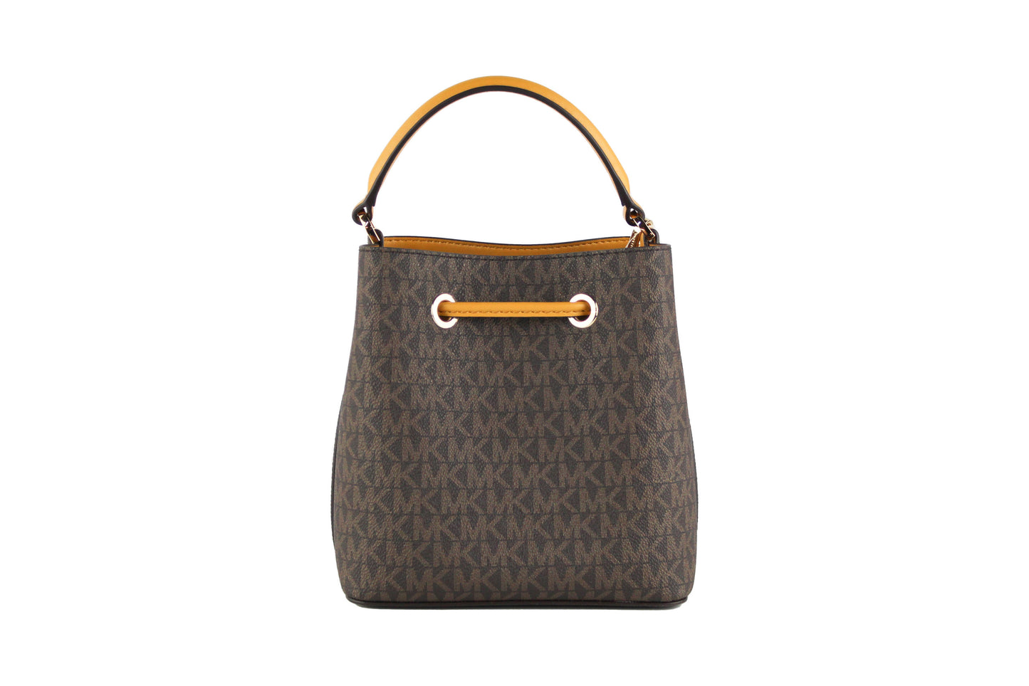 Suri Small Leather Bucket Crossbody Drawstring Hobo Handtasche (Marigold/Brown Signature)