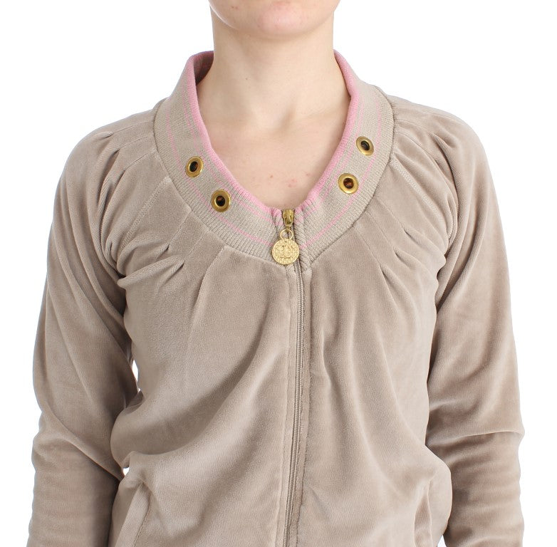 Beigefarbener Samtpullover mit Reißverschluss