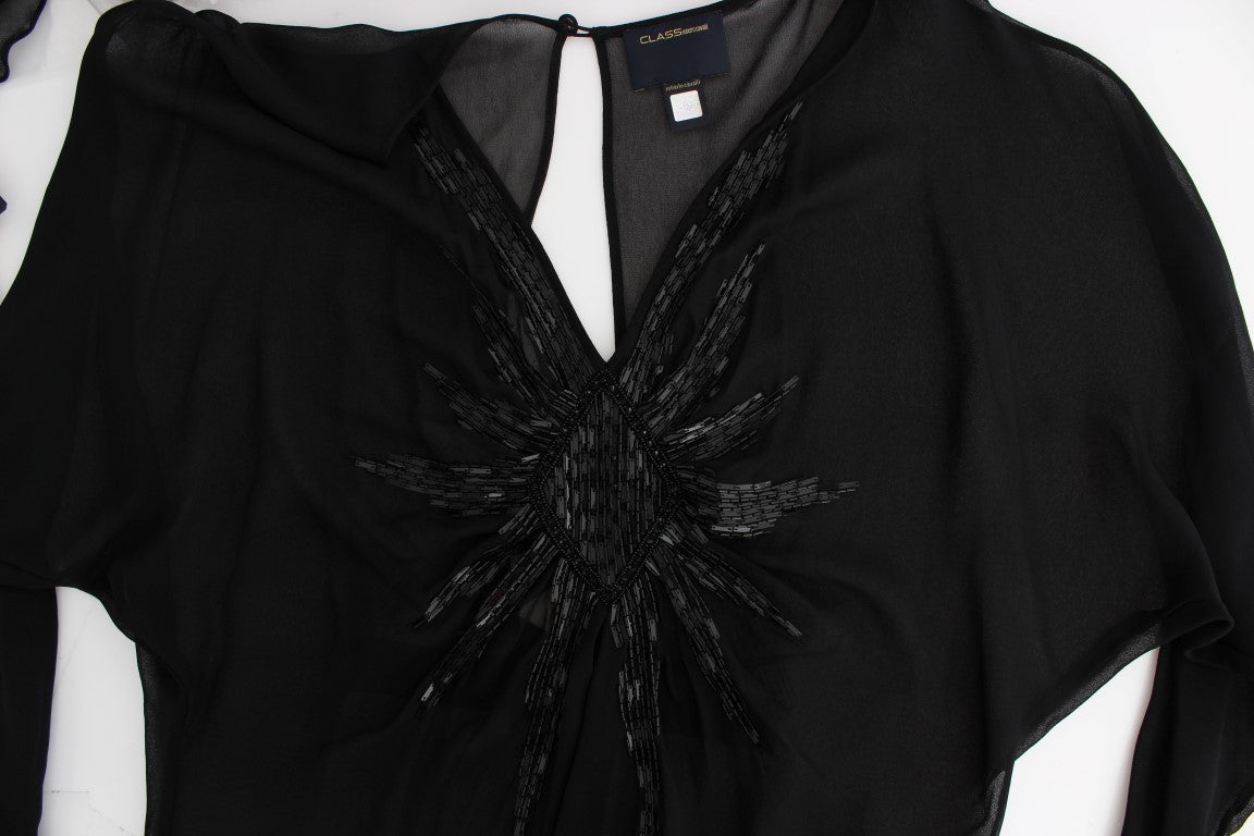 Schwarzes langärmeliges Seidenkleid