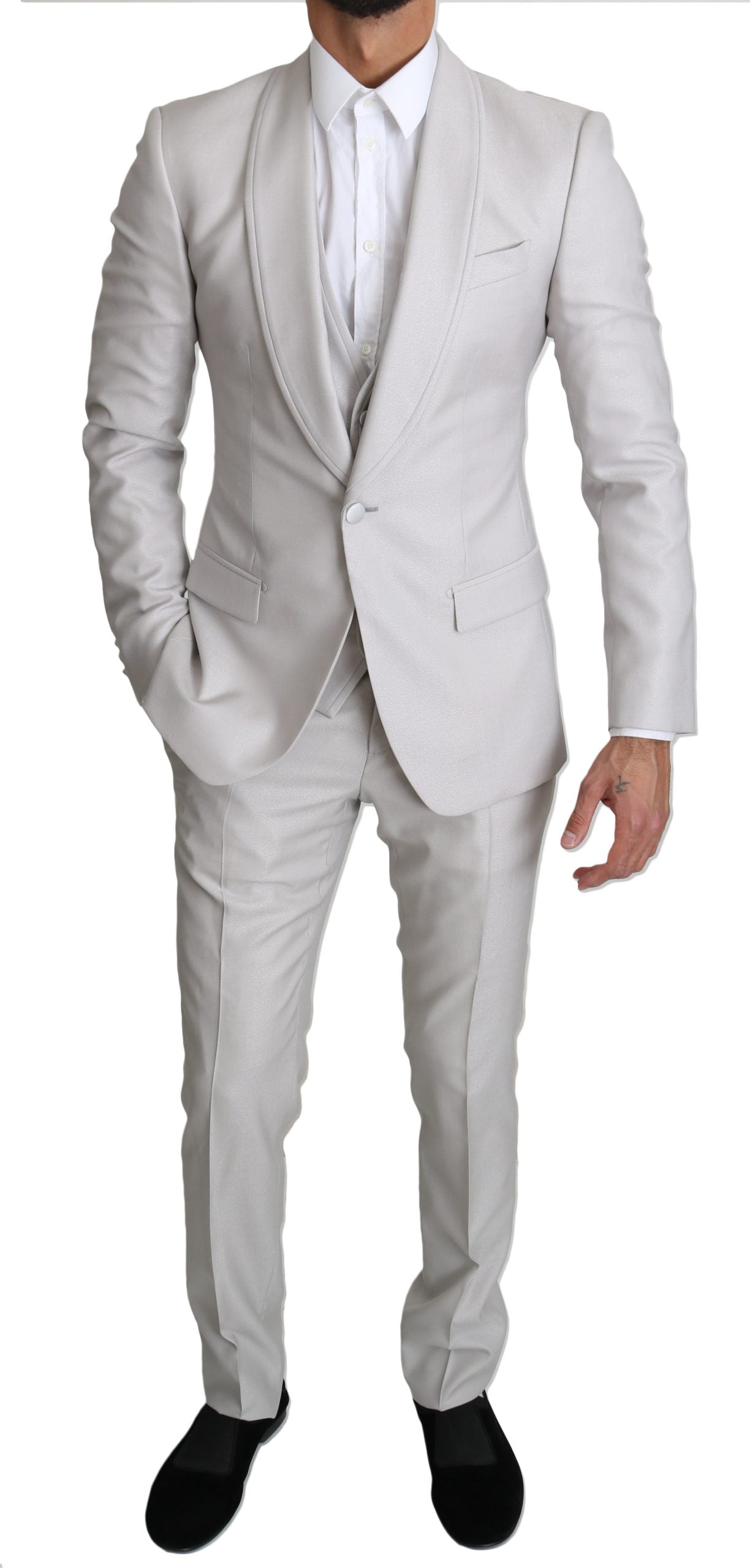 Silberner einreihiger 3-teiliger Anzug aus Wolle