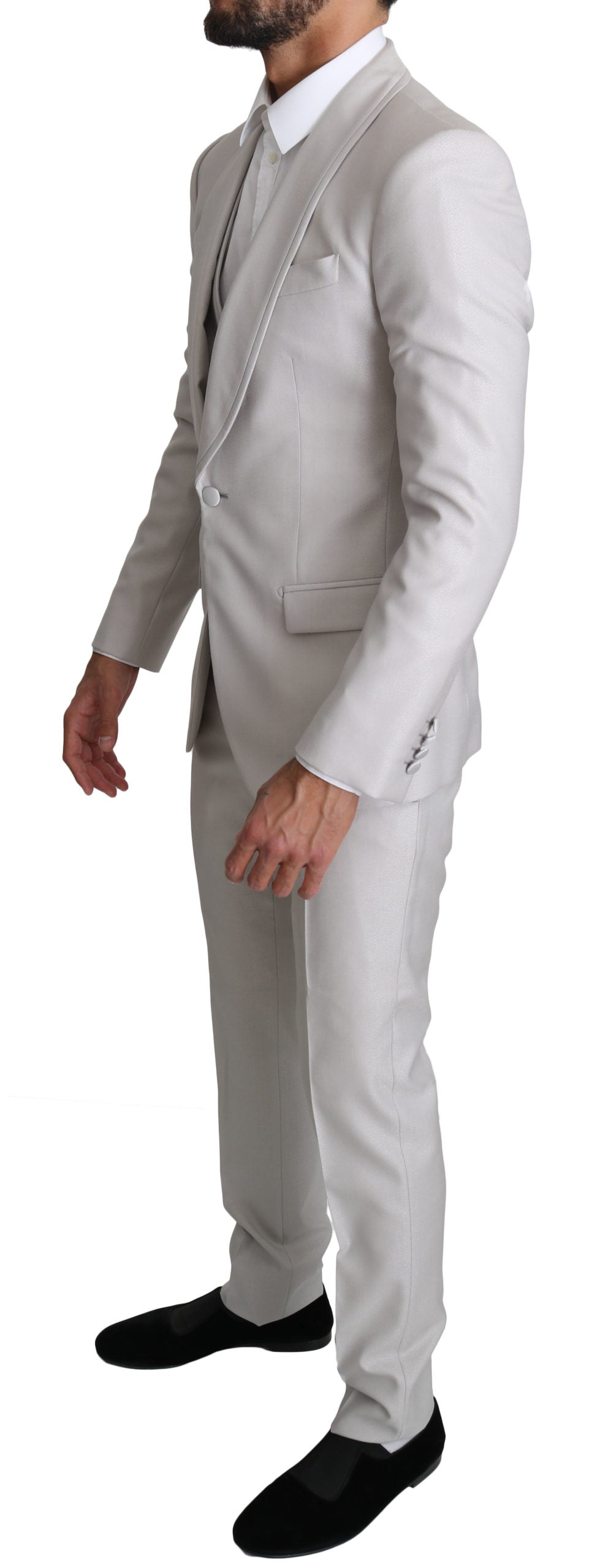 Silberner einreihiger 3-teiliger Anzug aus Wolle