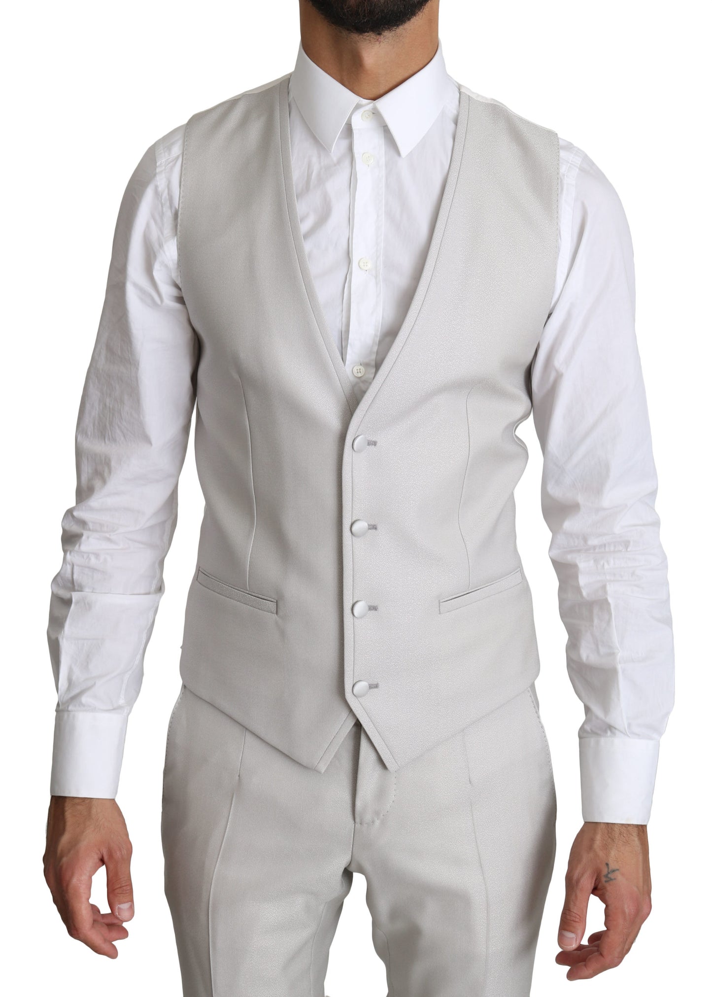 Silberner einreihiger 3-teiliger Anzug aus Wolle