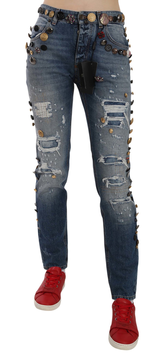 Distressed Verzierte Knöpfe Denim-Hose Jeans