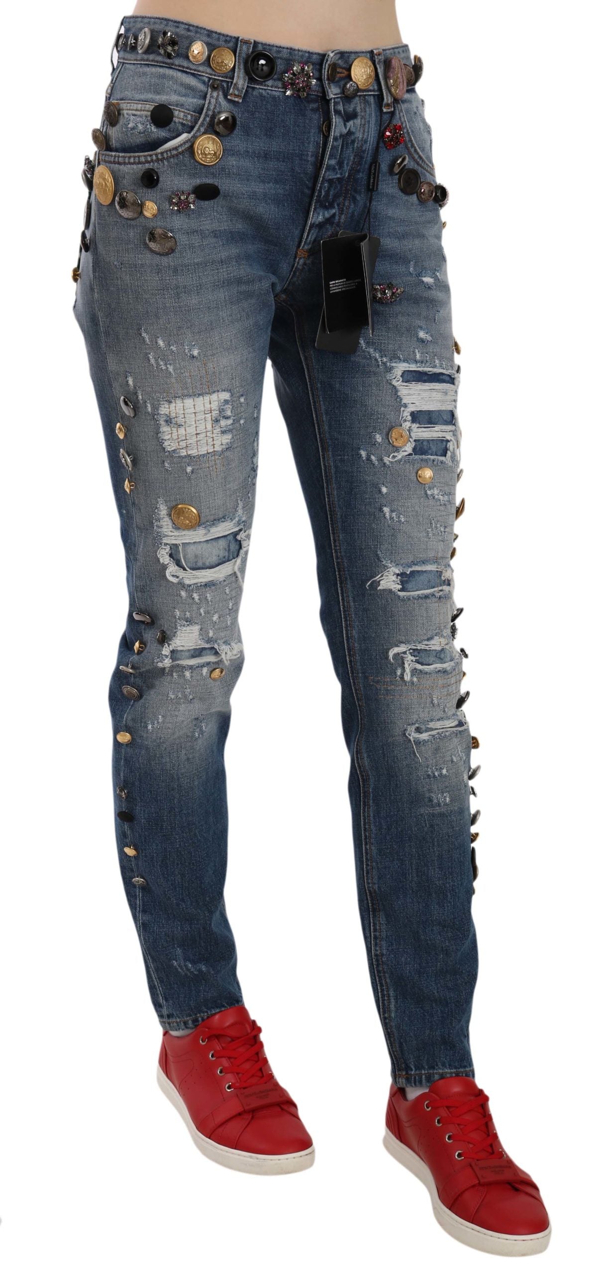 Distressed Verzierte Knöpfe Denim-Hose Jeans