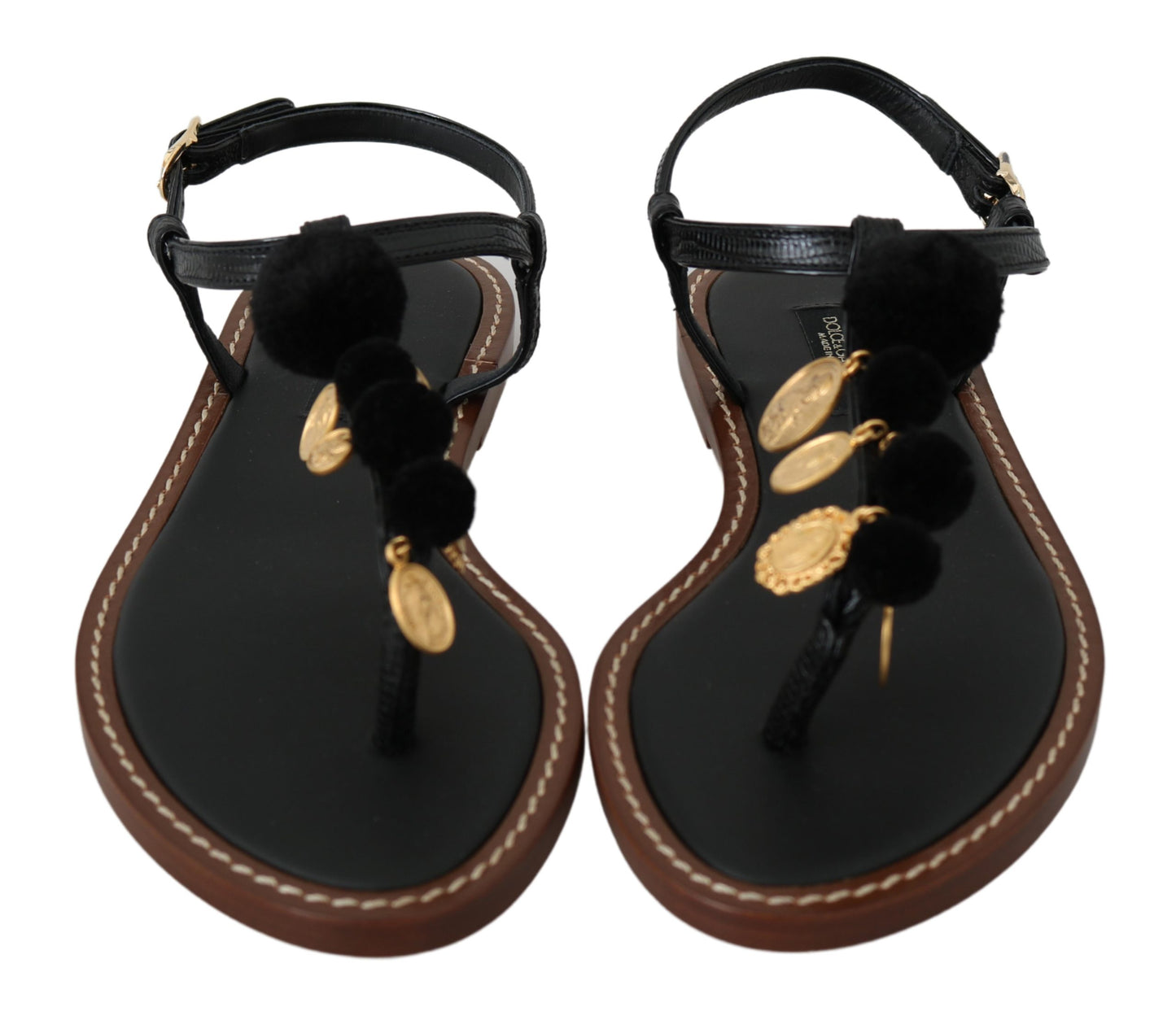 Schwarzes Leder Münzen Flip Flops Sandalen Schuhe