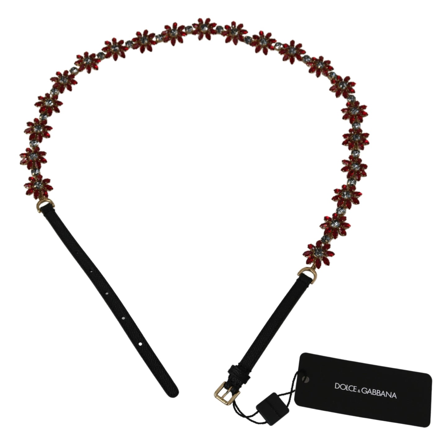 Schwarzer Ledergürtel mit rotem Blumenmotiv und Kristallen