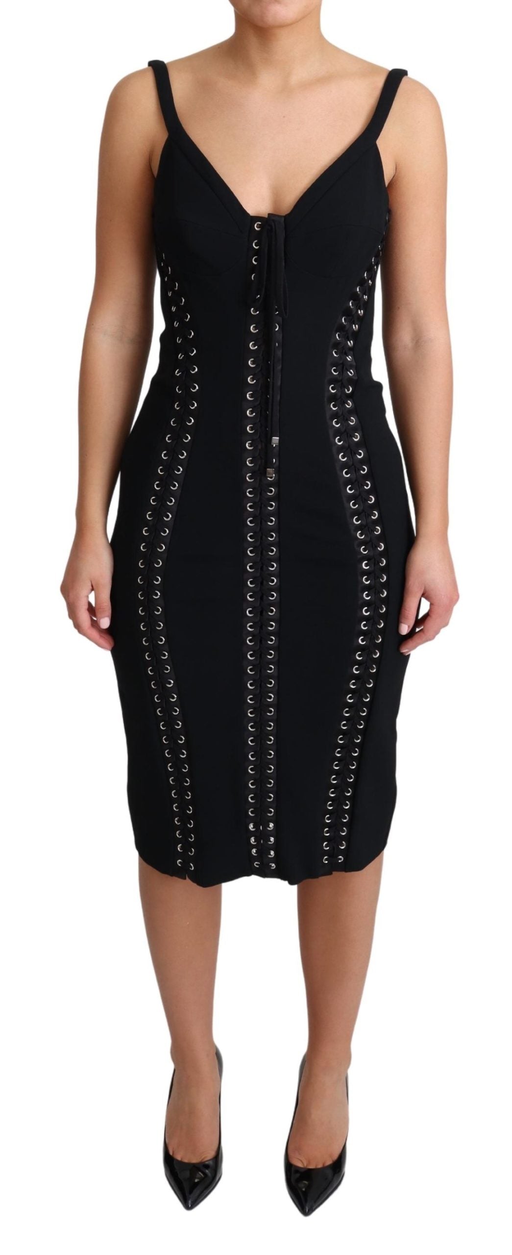 Schwarzes gewebtes Bodycon-Kleid mit Applikationen aus Viskose