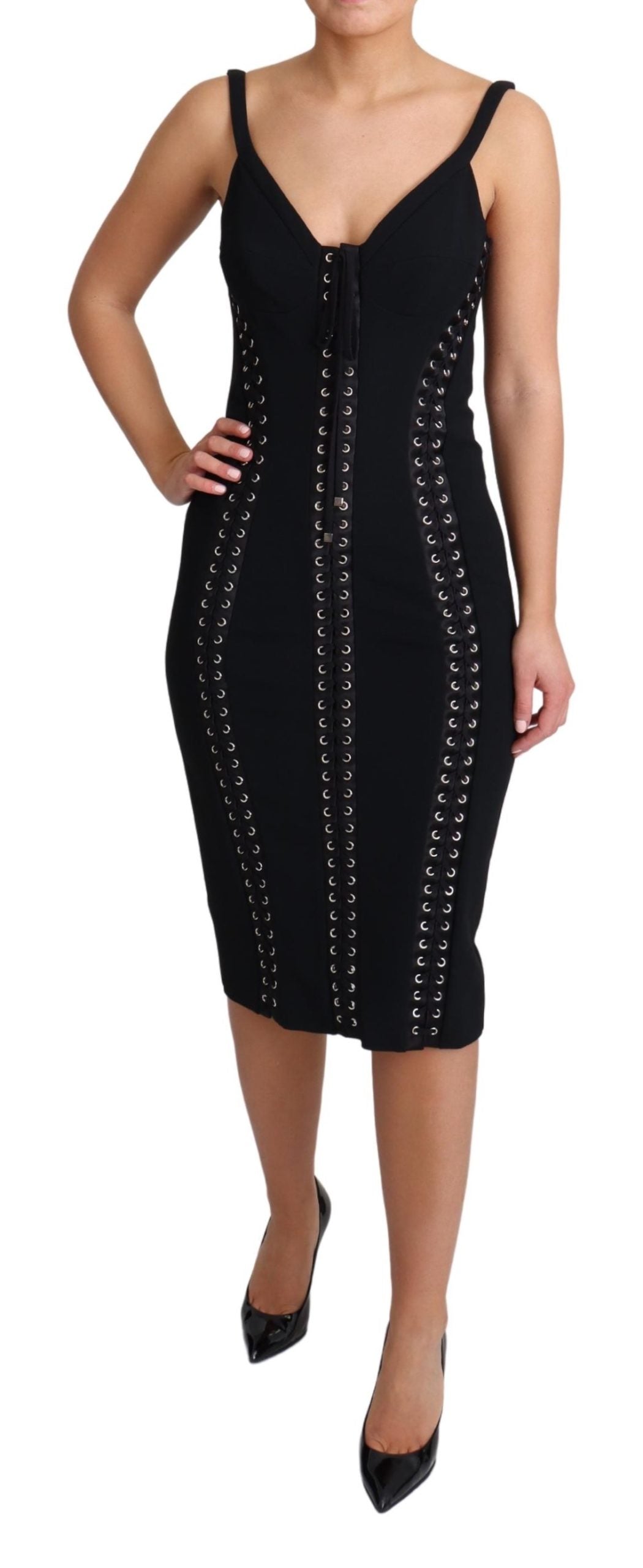 Schwarzes gewebtes Bodycon-Kleid mit Applikationen aus Viskose
