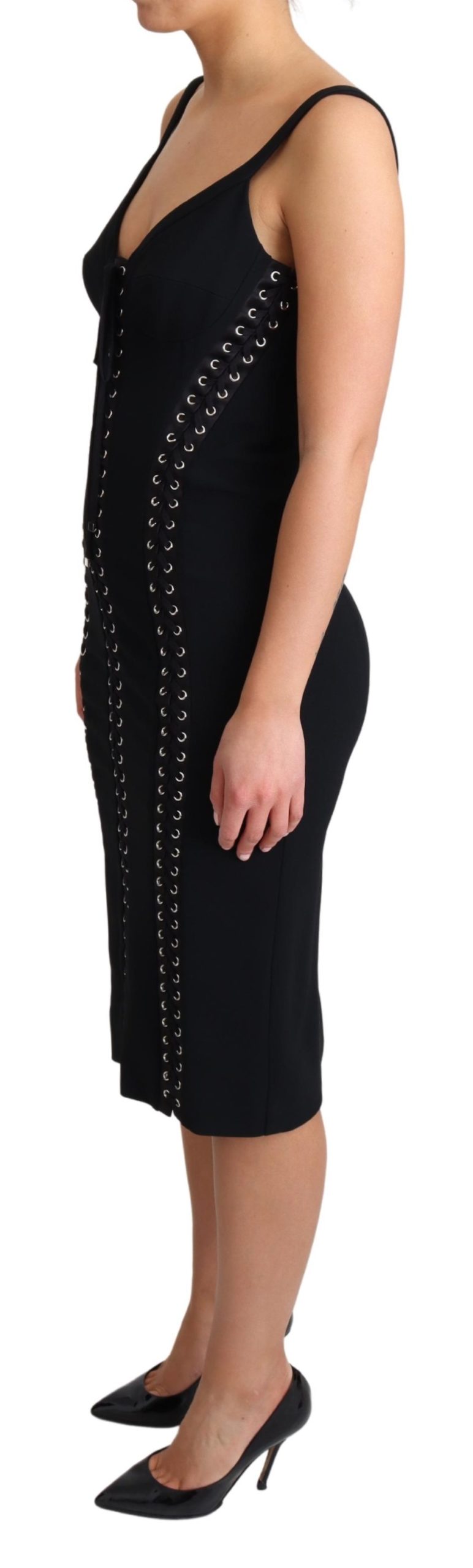 Schwarzes gewebtes Bodycon-Kleid mit Applikationen aus Viskose