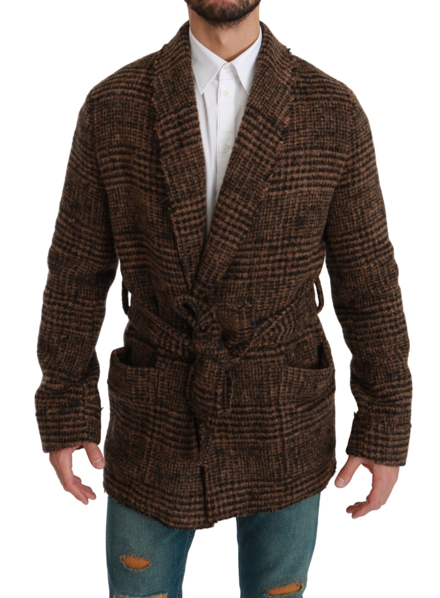 Braun karierter Wollmantel Wickeljacke