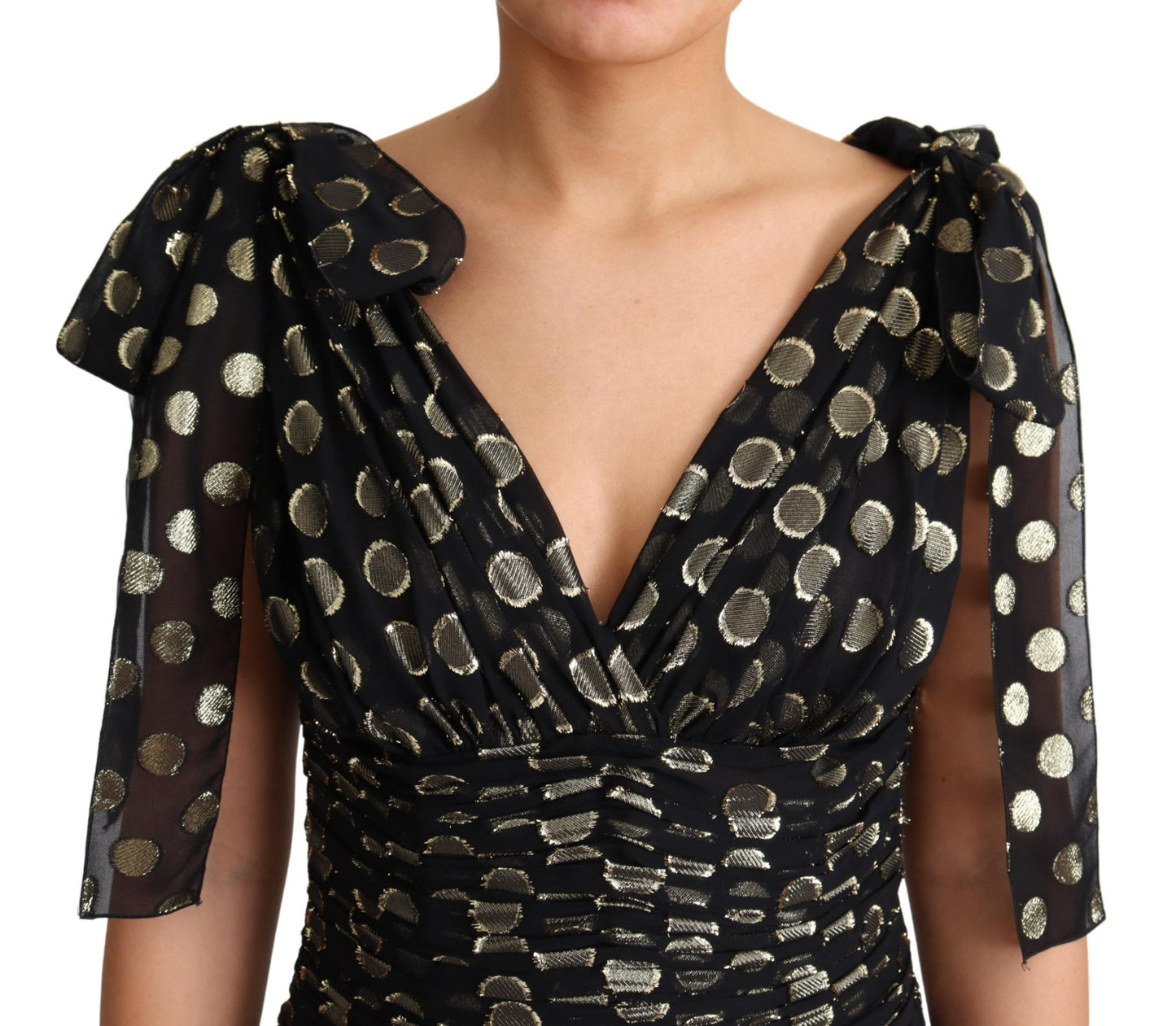 Schwarzes Rundmuster Gold Lurex Seiden Maxikleid