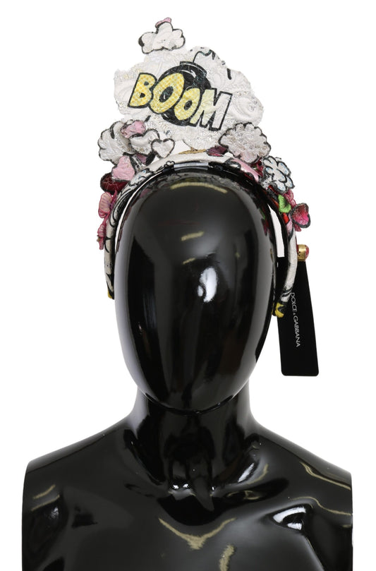 Weißes Stirnband aus Baumwolle mit Pailletten und Blumen