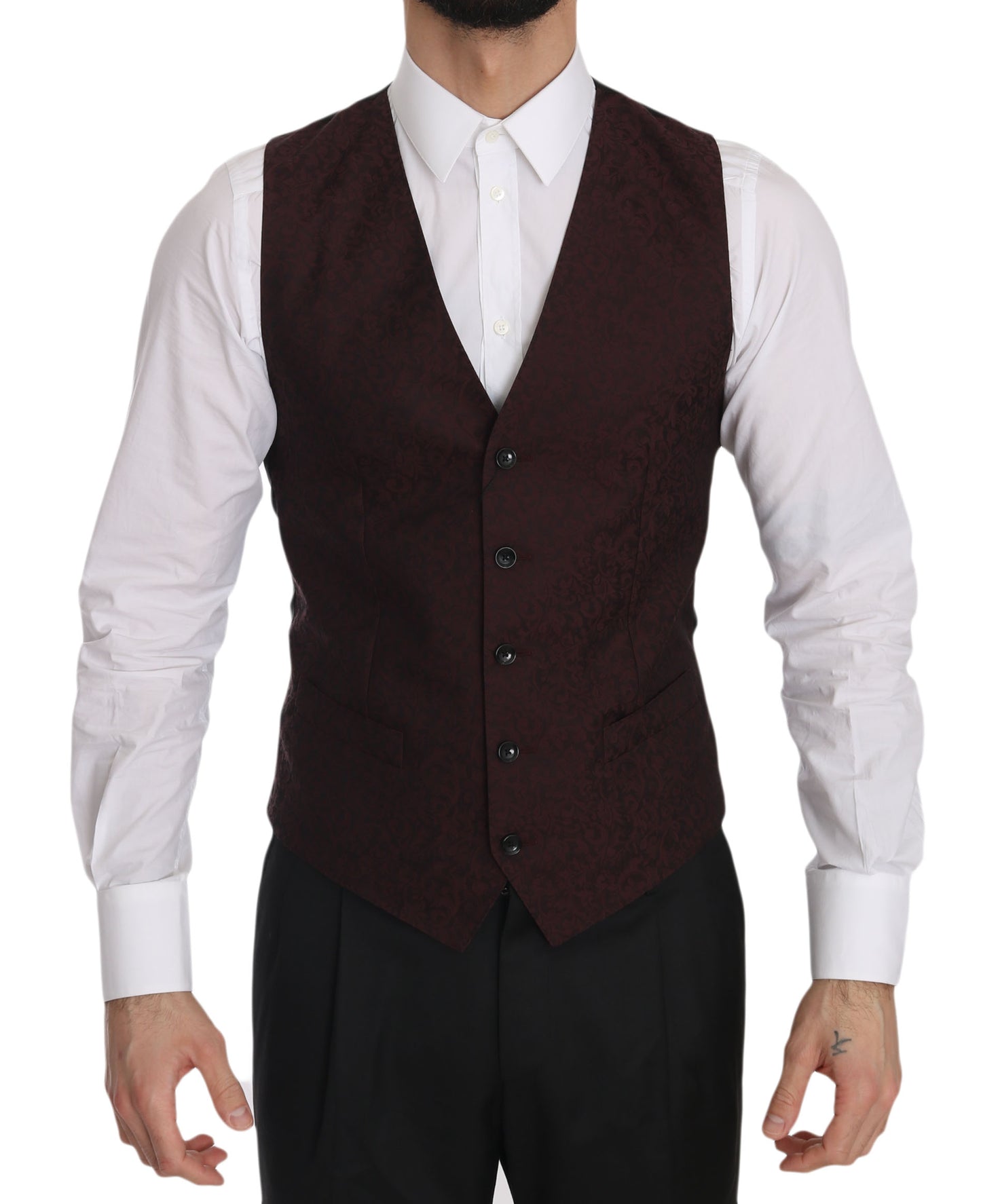 Bordeaux Brokat Weste Slim Fit