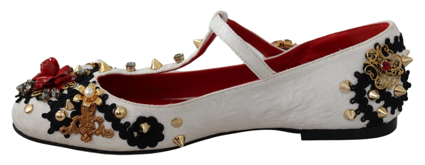 Weiße Jacquard Ballerina Flats Kristall Schuhe