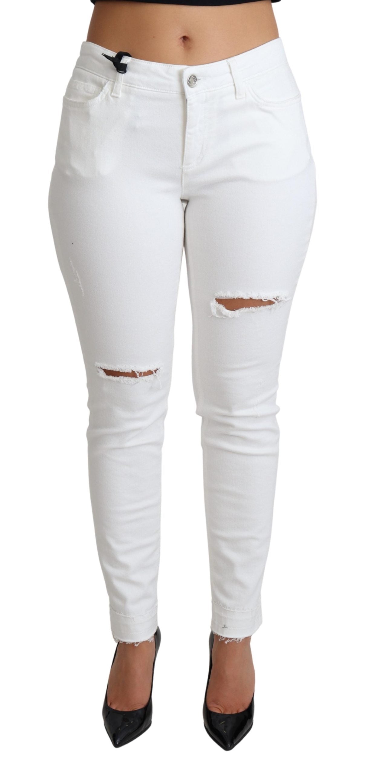 Weiße zerfledderte Skinny Denim Baumwoll-Stretch-Jeans