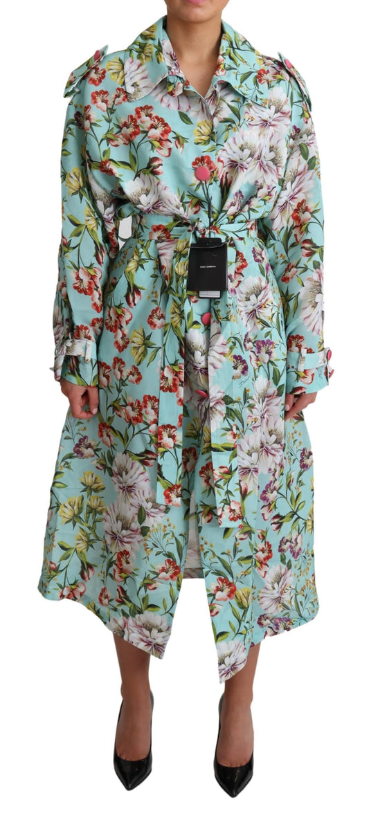Blauer Seidengürtel mit Blumenmuster Trenchcoat Jacke