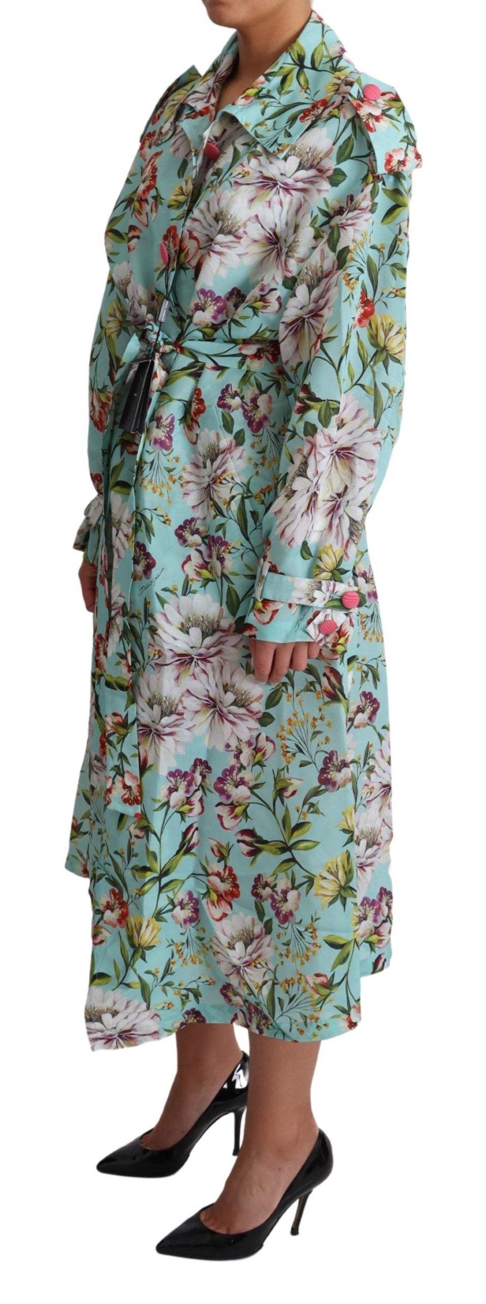 Blauer Seidengürtel mit Blumenmuster Trenchcoat Jacke