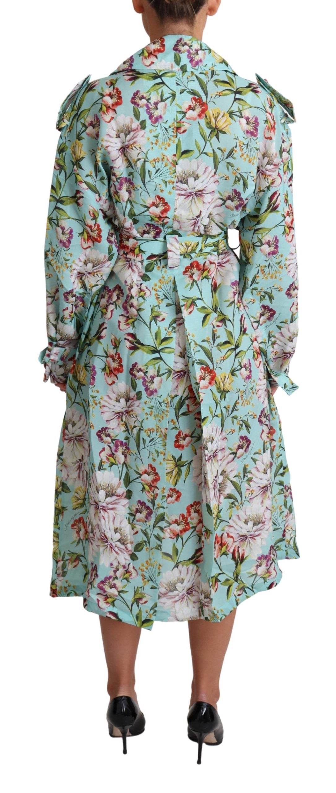 Blauer Seidengürtel mit Blumenmuster Trenchcoat Jacke